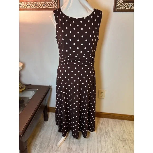 Y2K Jessica Howard Dress Brown White Polka Dot Sleeveless Midi Career Casual - Picture 12 of 16